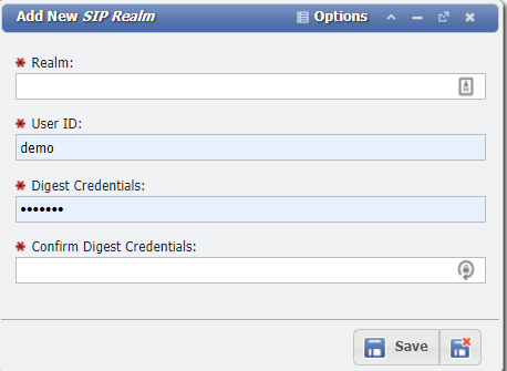 Add New SIP Realm Form example