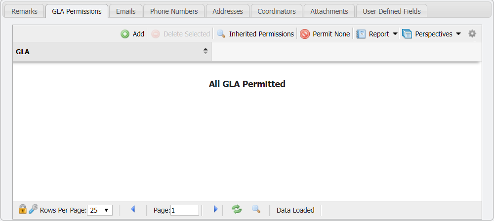 Department Hierarchy GLA Permissions Tab example