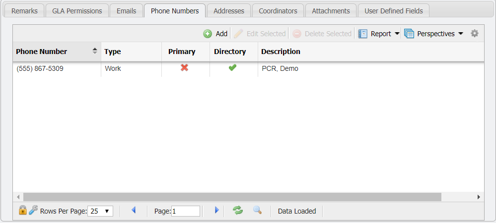 Department Hierarchy Phone Numbers Tab example