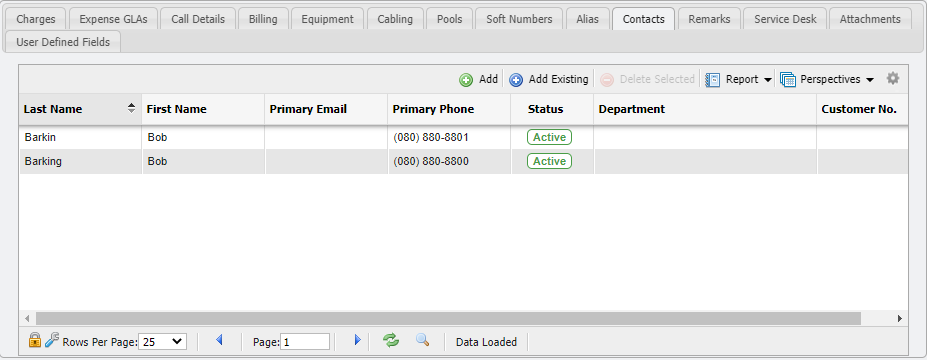 Service Contacts tab example