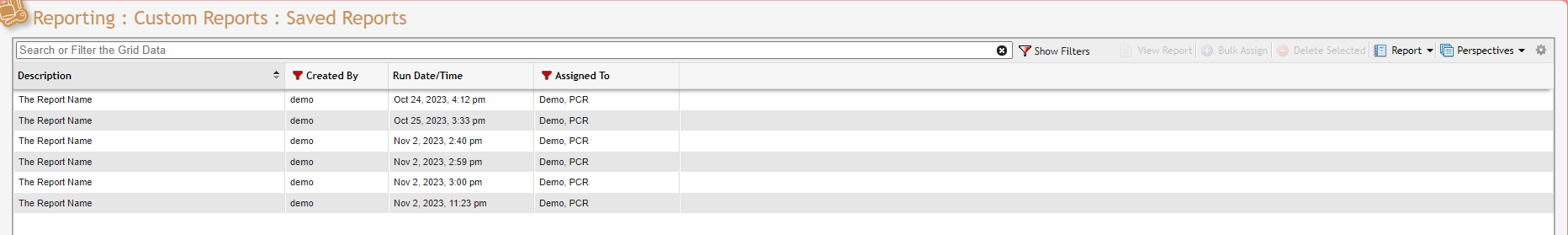 Reporting Saved Reports grid example