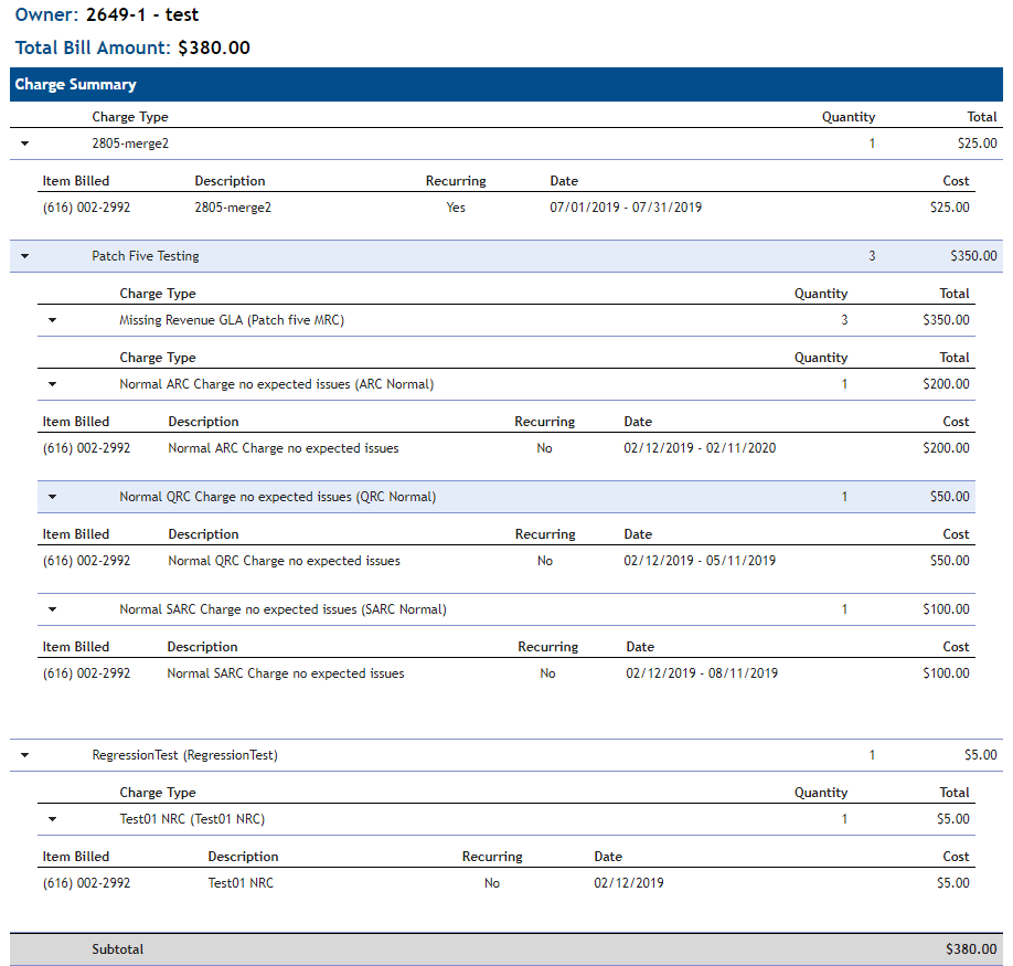 Charges on the Bill Example