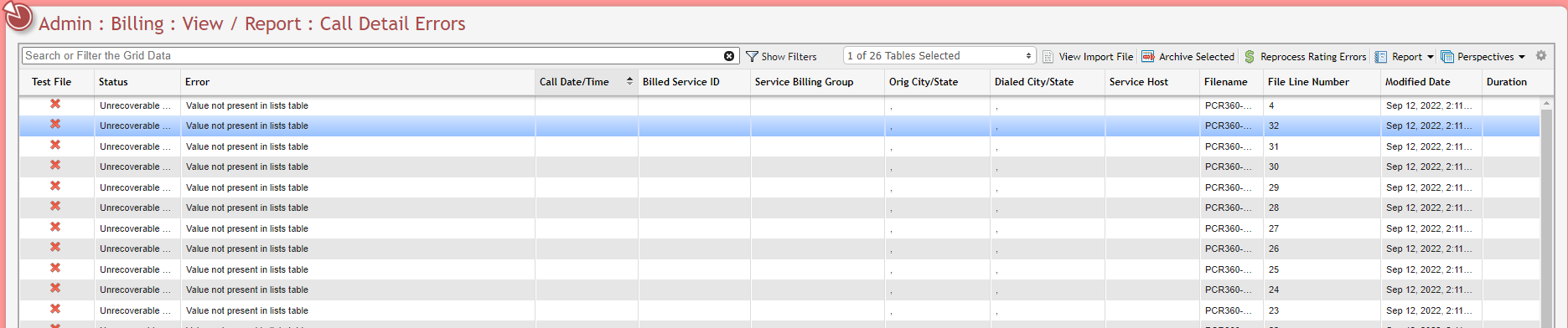 Call Detail Errors Grid example