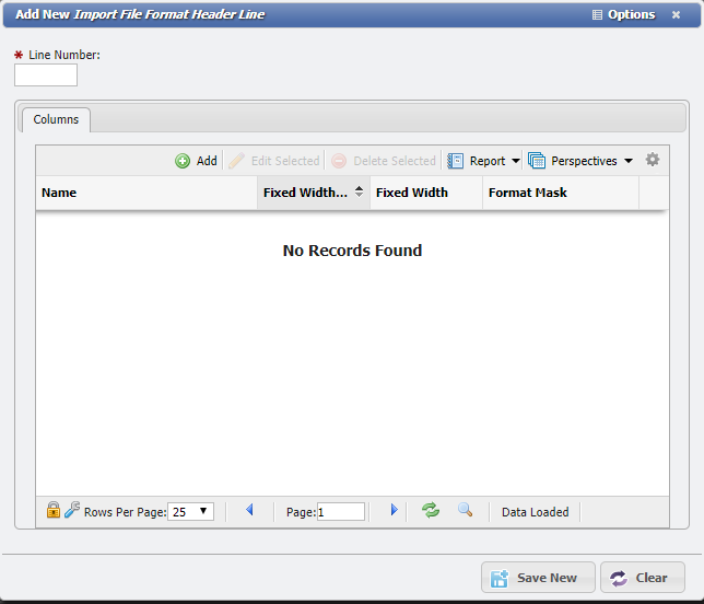 Add New Import File Format Header Line form