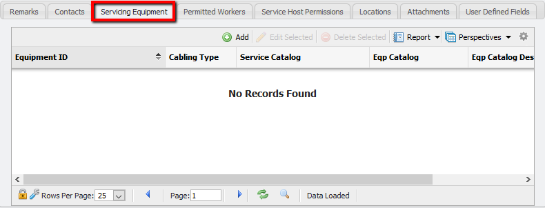 An example of the Servicing Equipment tab