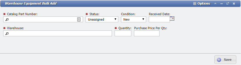 Warehouse Equipment Bulk Add form example