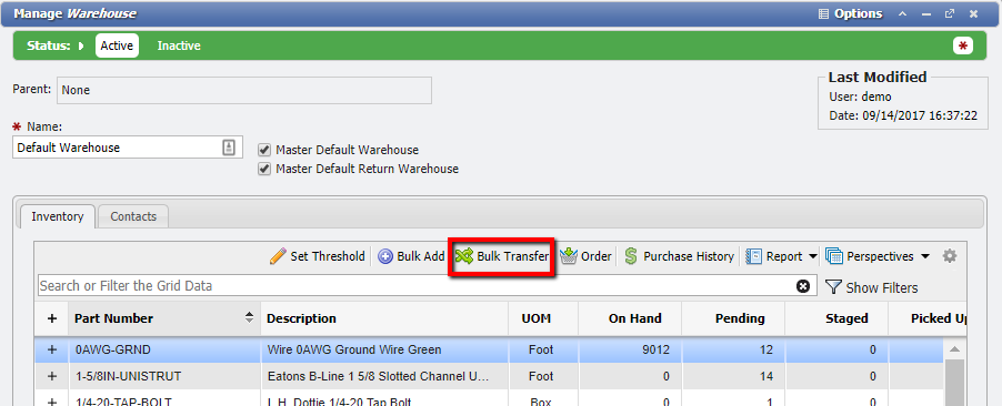 Manage Warehouse form example