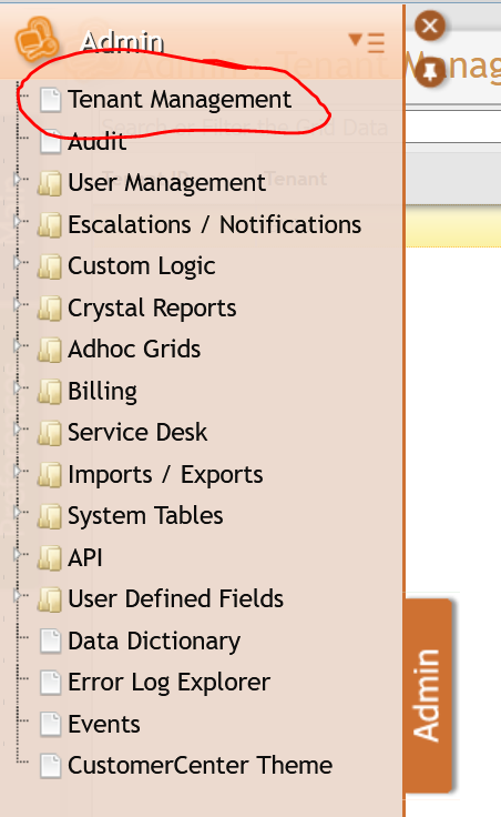 Tenant Management menu option example