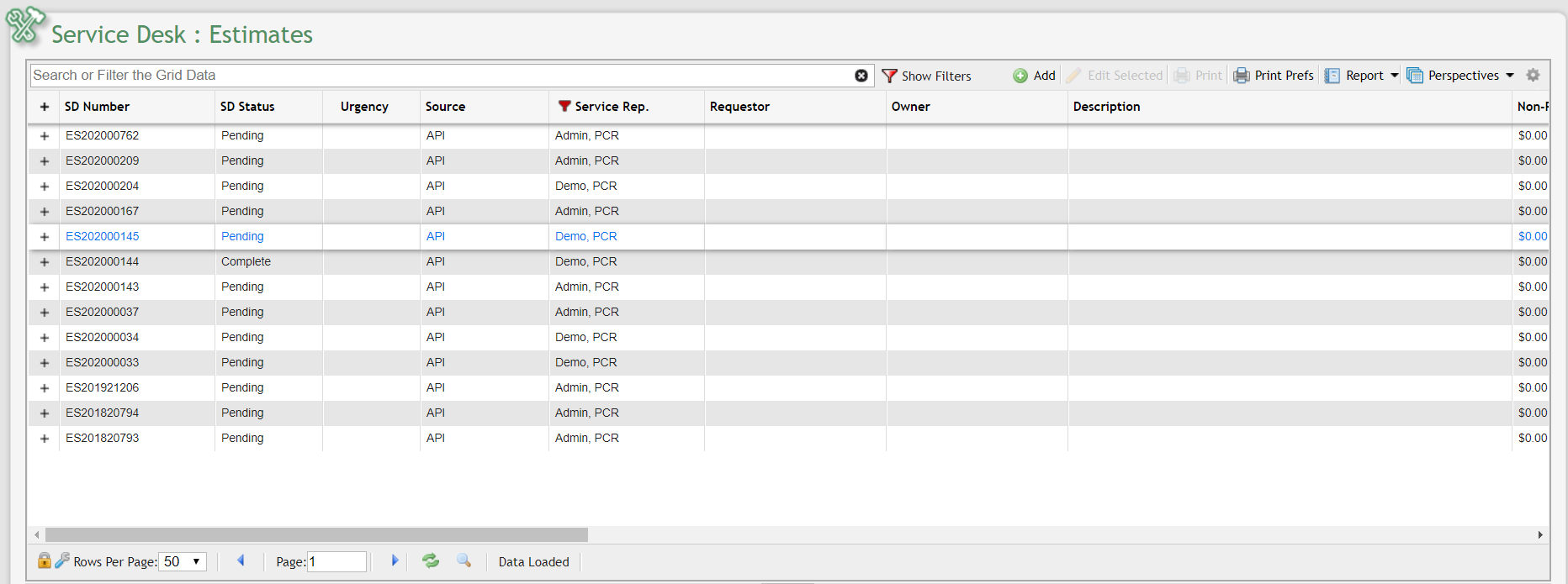 Service Desk Estimates Grid example