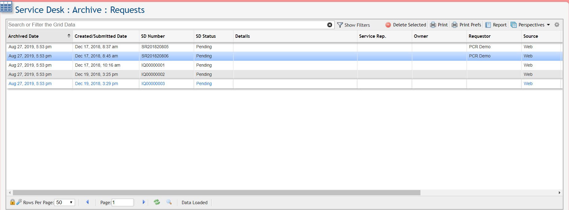 Service Desk Archive Grid example