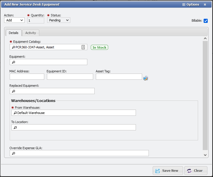 Add New SD Equipment Form