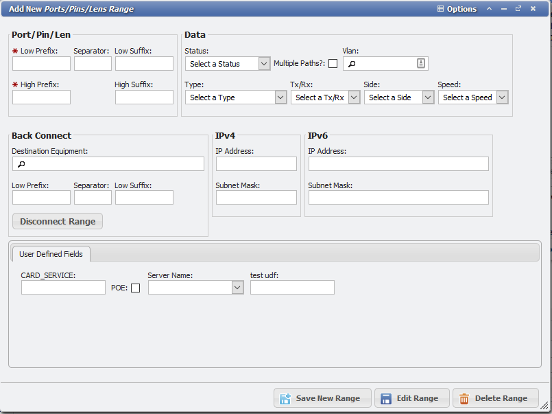 Add new, ports, pins, lens range form