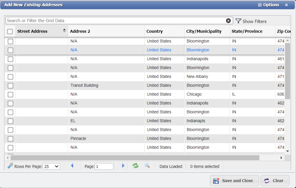 Select an Existing Address form example