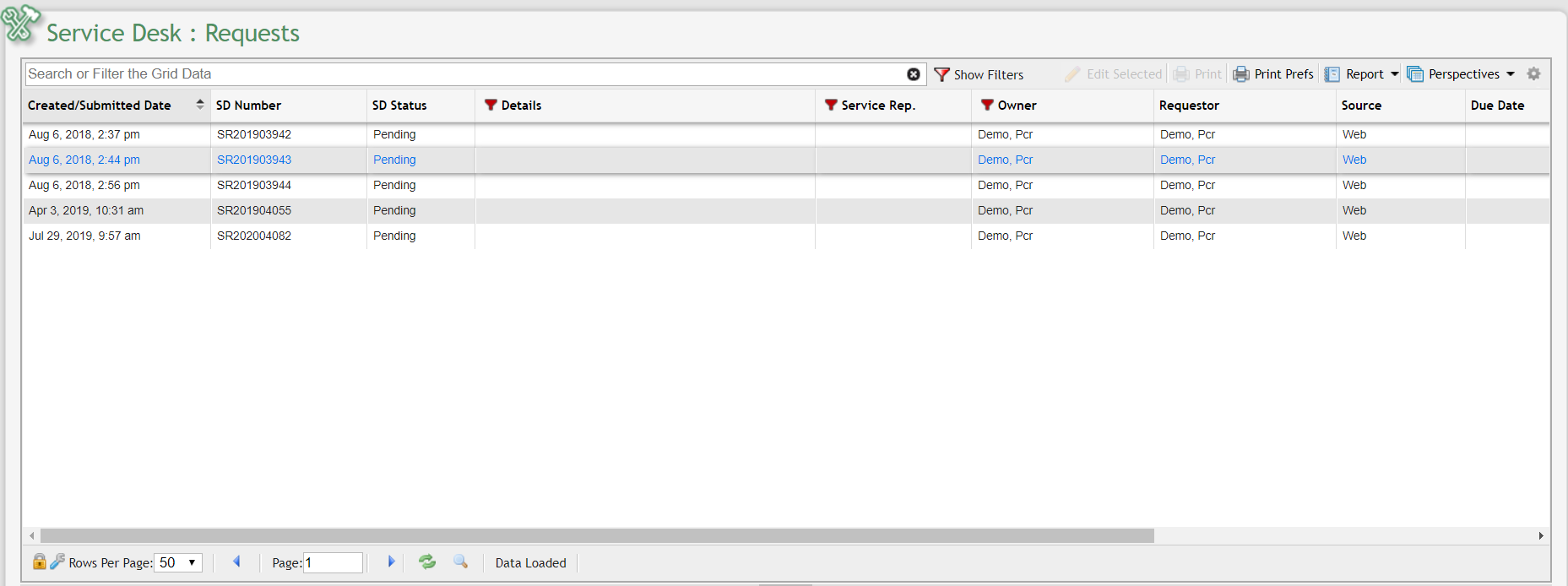 Service Desk Requests Grid