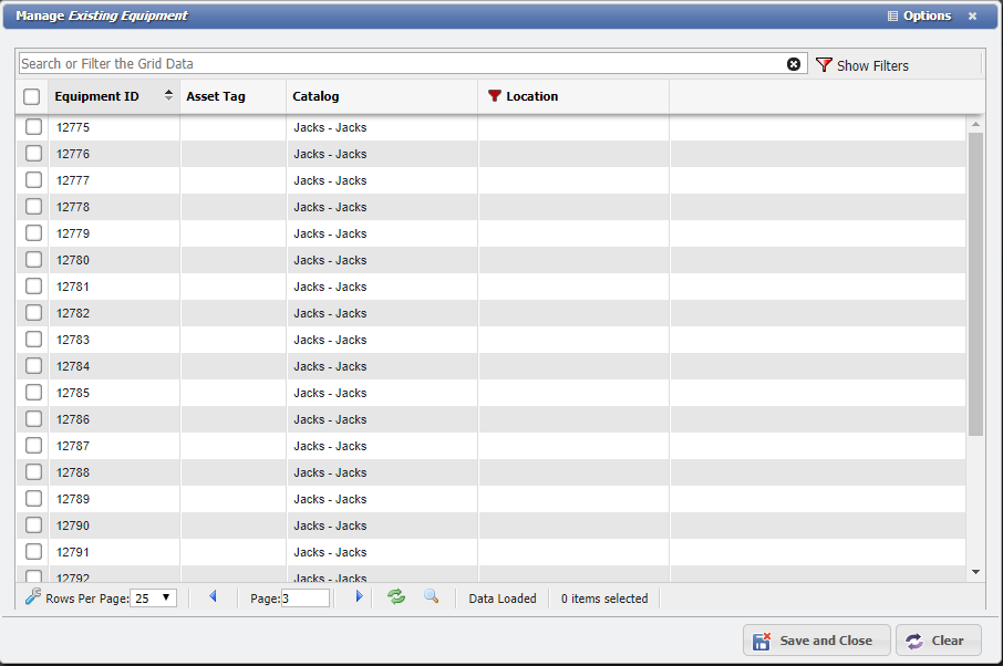 Manage Existing Equipment form example