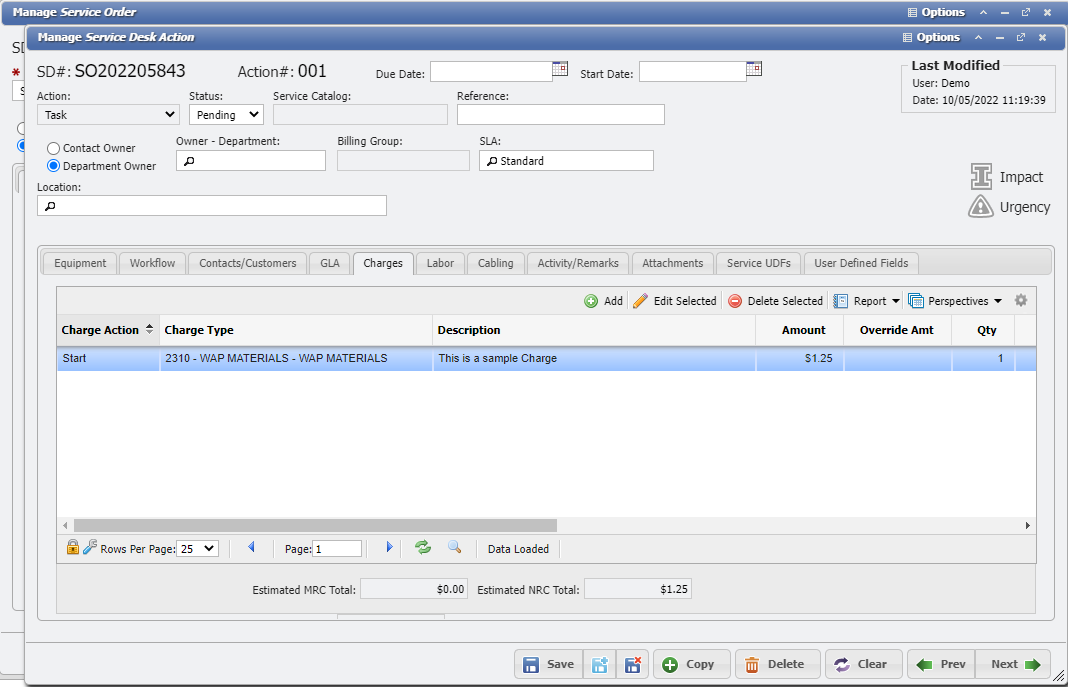 Service Order Action Charge Example