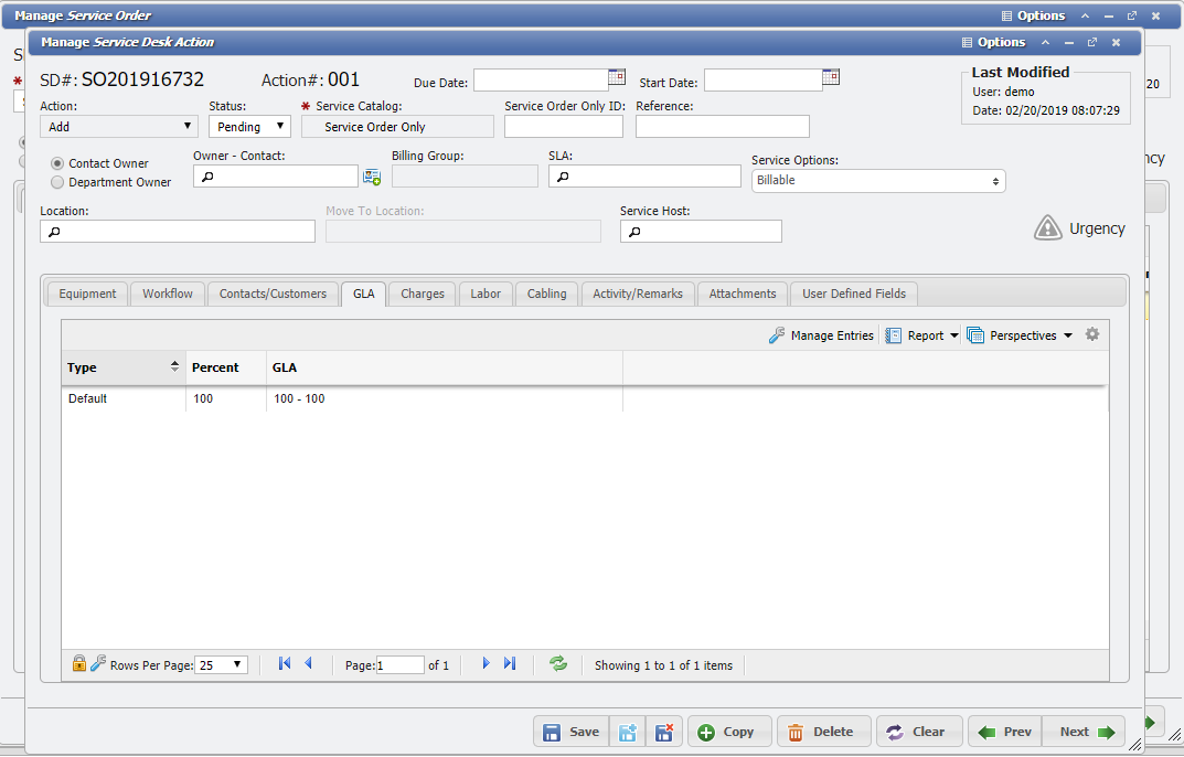 Service Desk Action, GLA Tab Example