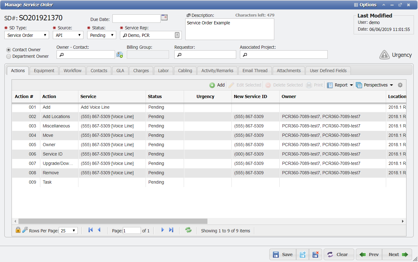 Service Order Actions Example