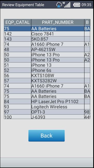 Review Equipment Table screen