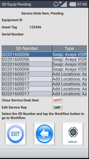Service Desk Equipment Pending screen