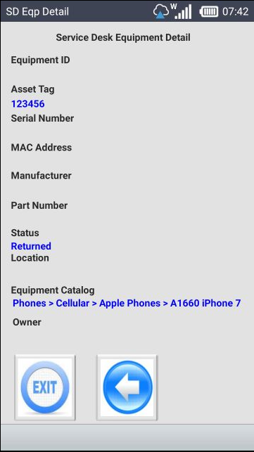 Service Desk Equipment Detail screen