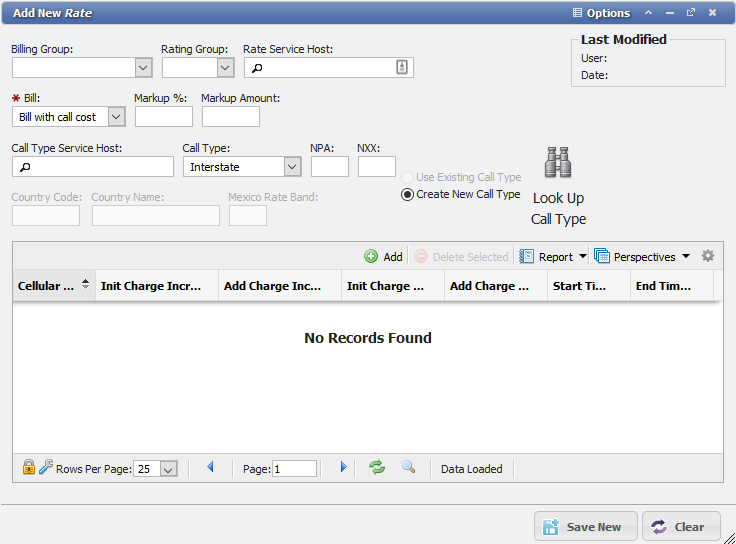 An example of the Add New Call Rate form