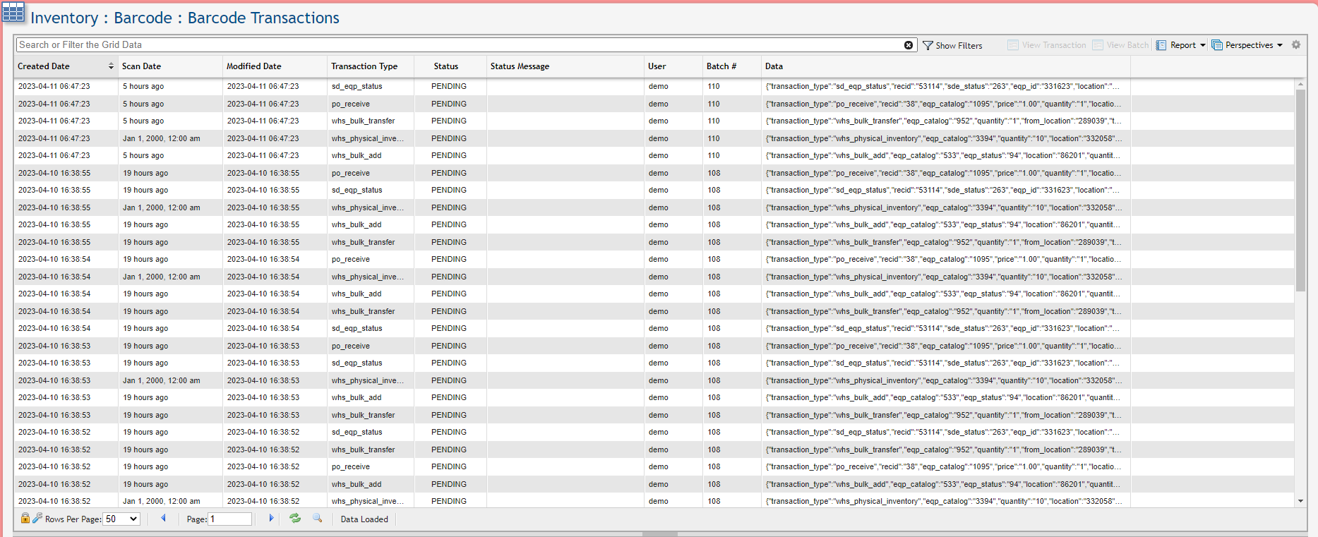 Barcode Transactions Grid