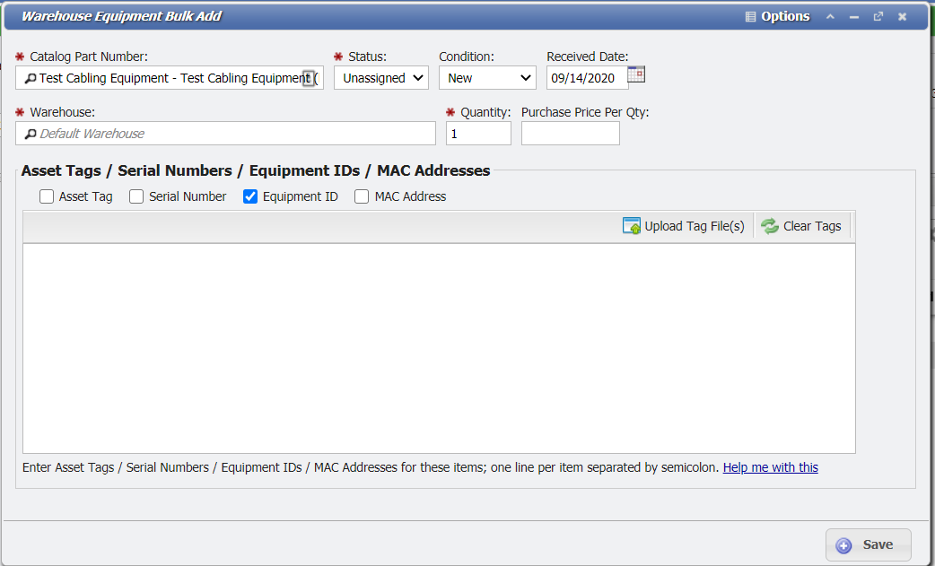 Warehouse Equipment Bulk Add expanded form example