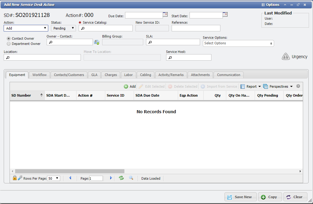 Add new service desk action form