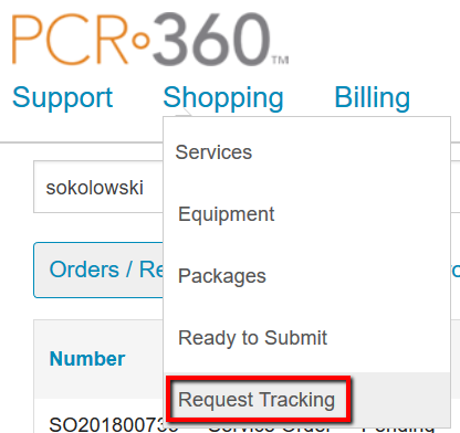 Example of the Request Tracking link in CustomerCenter menu