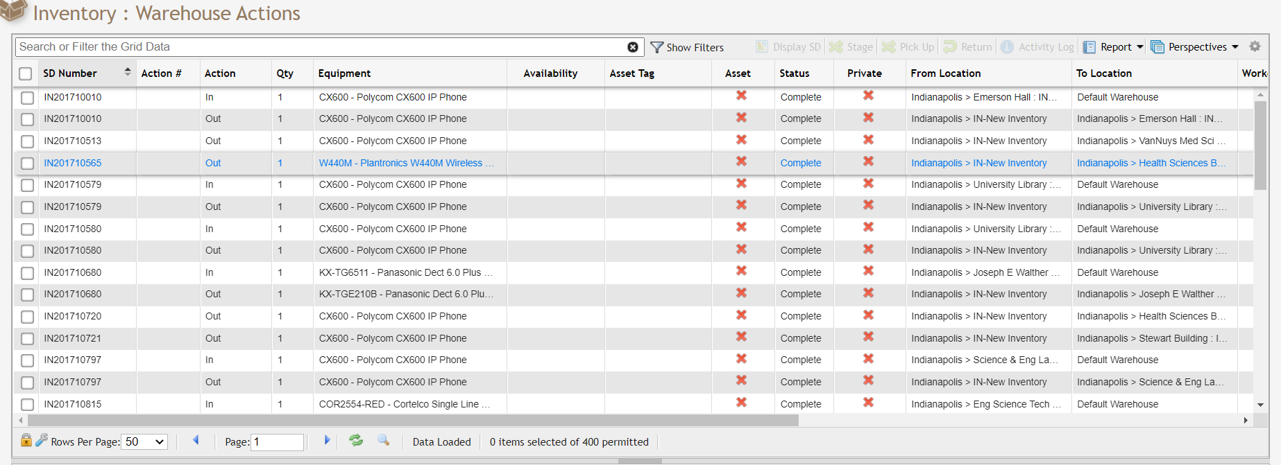 Inventory Warehouse Actions grid