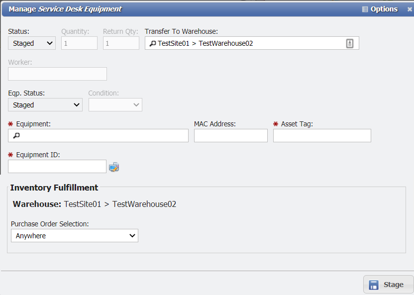 Manage Service Desk Equipment form