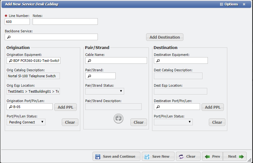 Add New Service Desk Cabling Form example