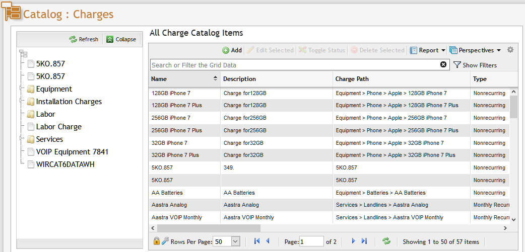 Charge Catalog Grid Example