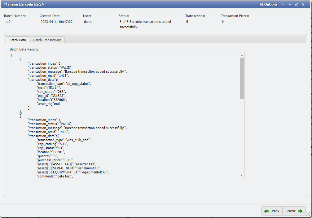 Manage Barcode Batch Data Form example