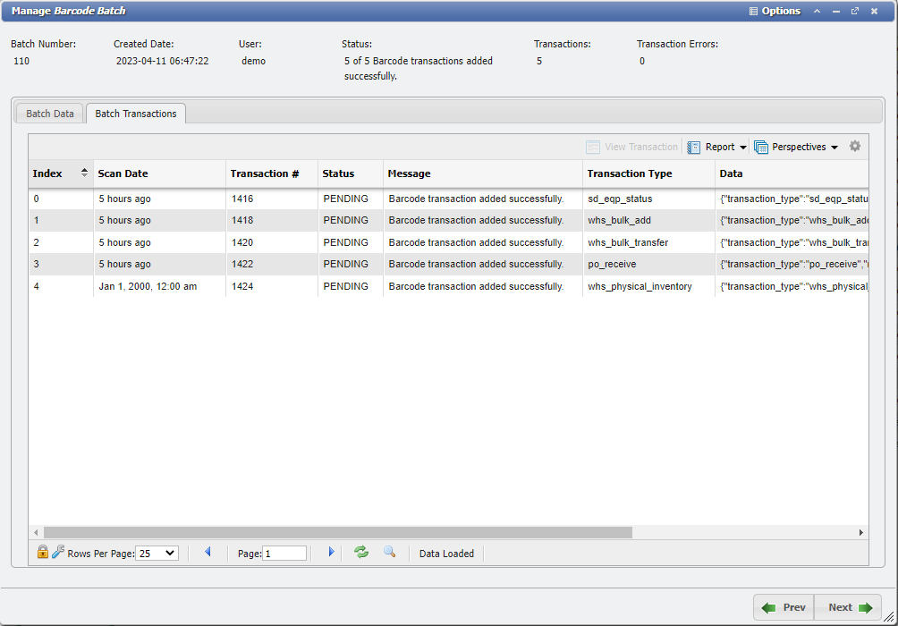 Manage Barcode Batch Transactions Form example