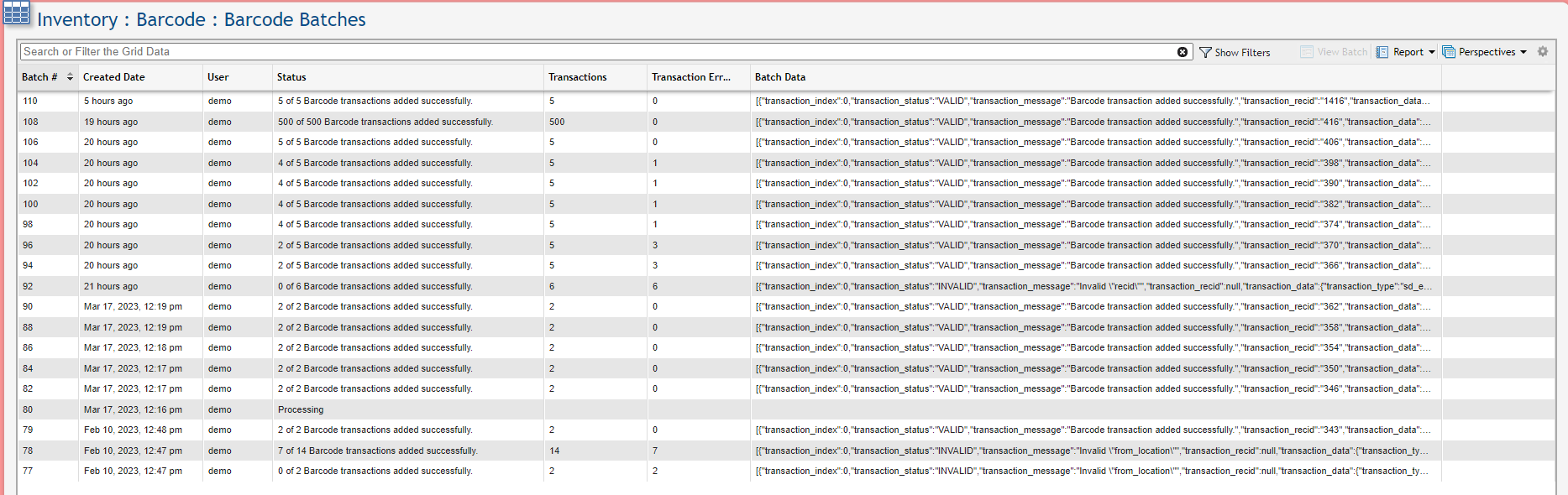 Barcode Batches Grid example