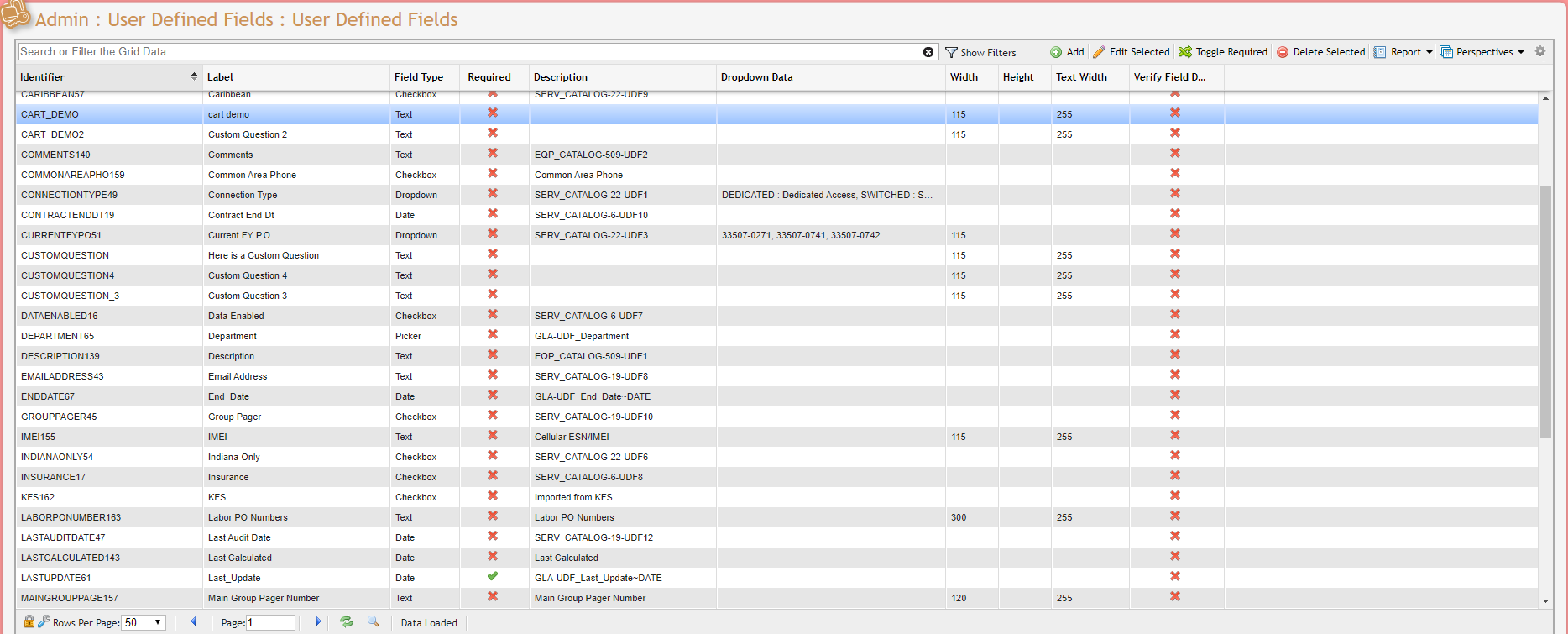 User Defined Fields Grid