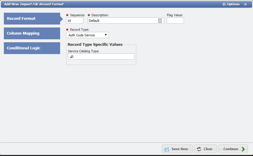 Add New Import File Record Format form