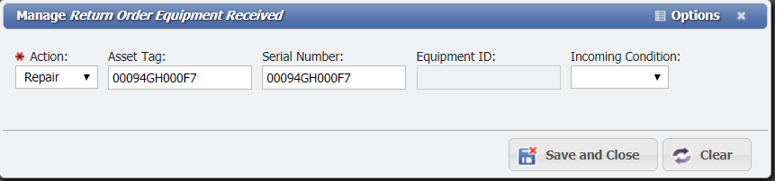 Manage Return Order Equipment Received