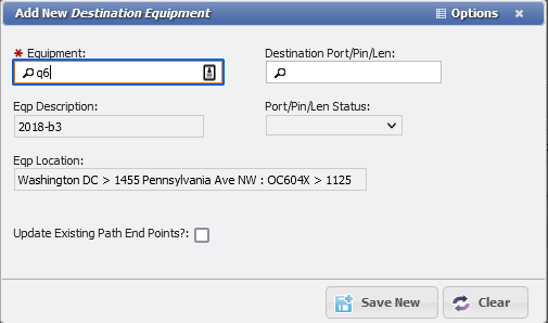 Add New Destination Equipment form