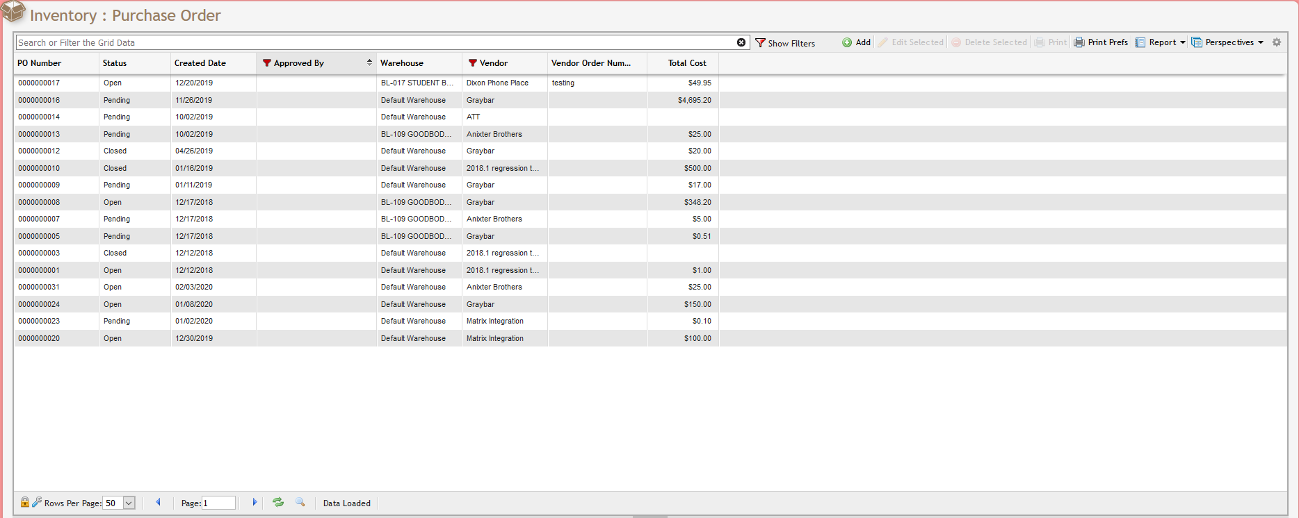 Inventory Purchase Order Grid