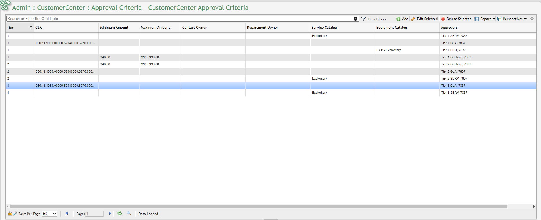 CustomerCenter Approval Criteria Grid example