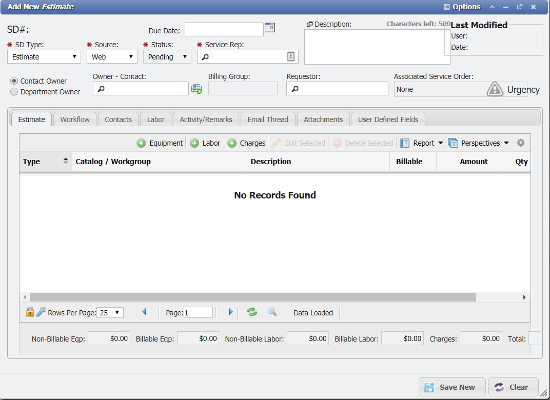 Add New Estimate example