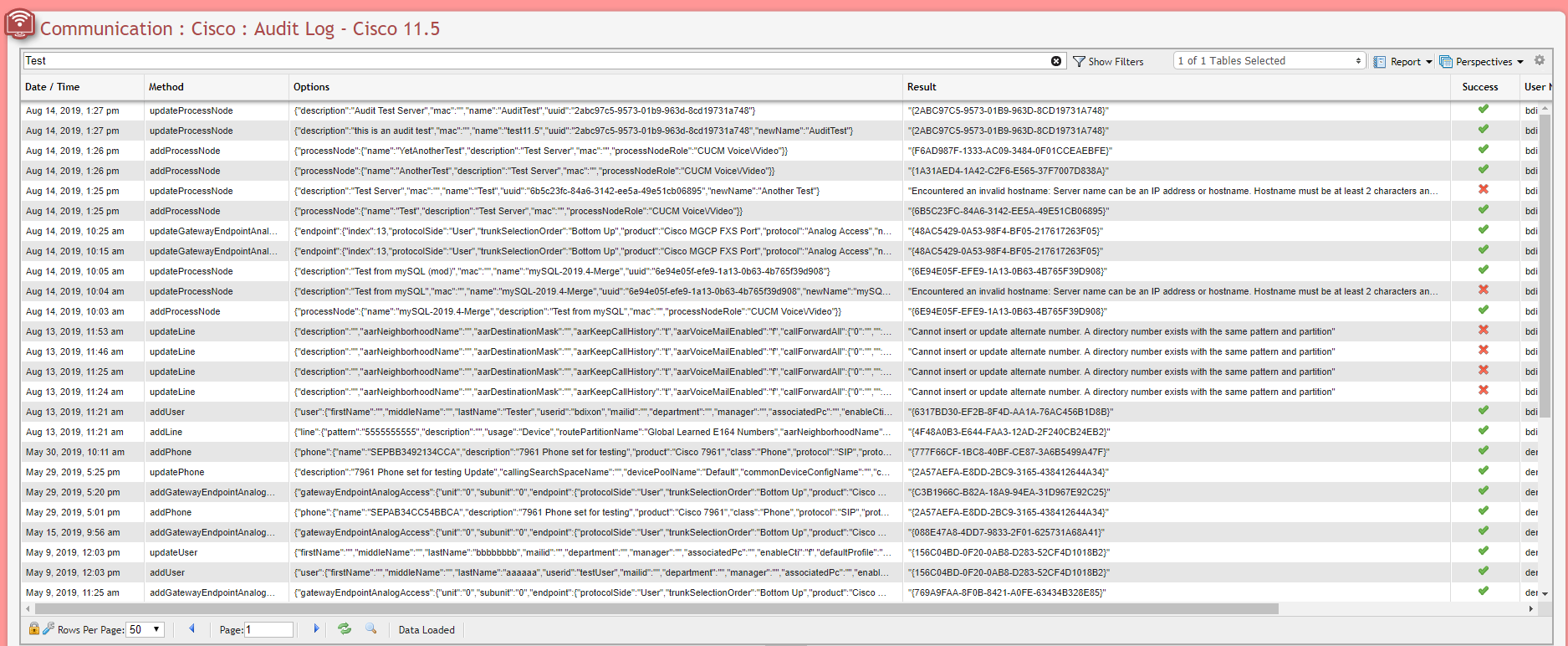 Cisco Audit Log Grid example