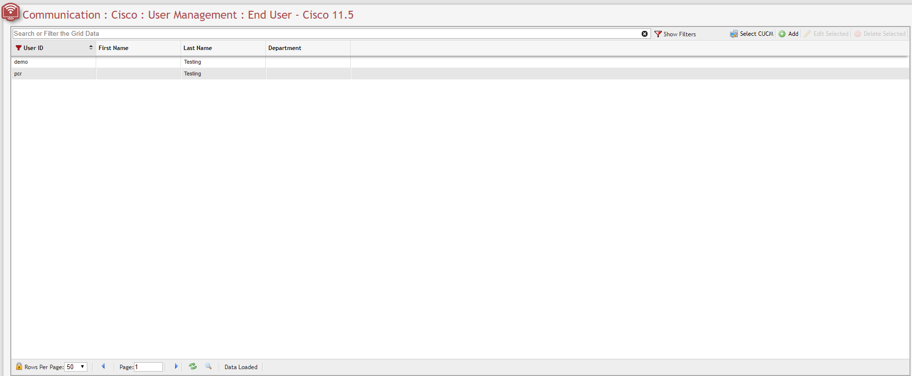 User Management End User Grid example