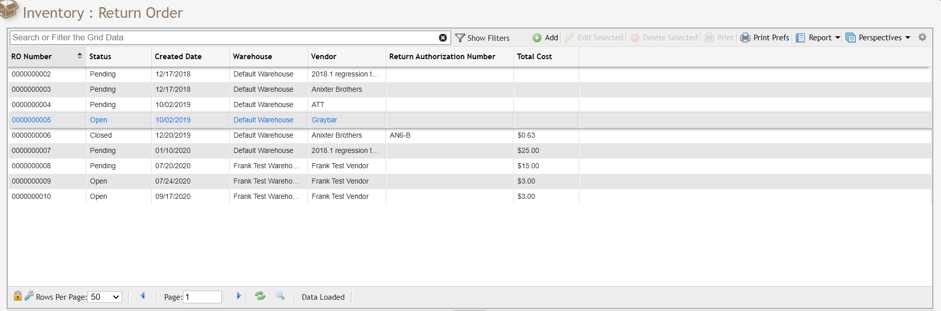 Inventory Return Order Grid