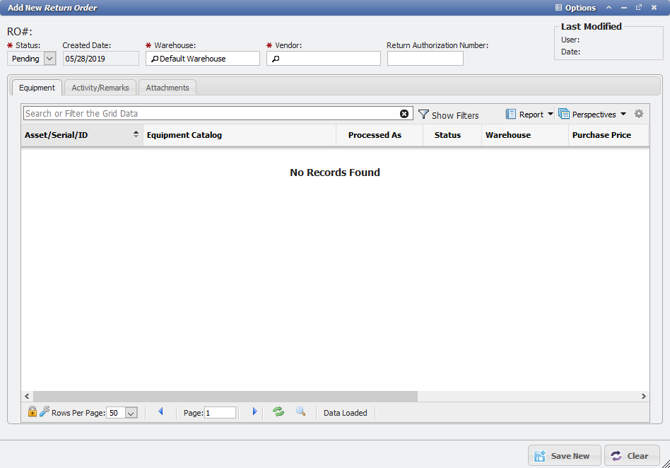 An example of the Add New Return Order form