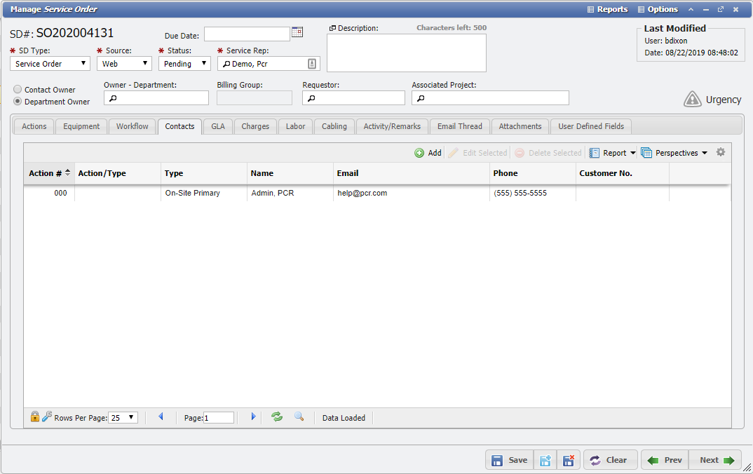 Service Desk Contacts Tab example