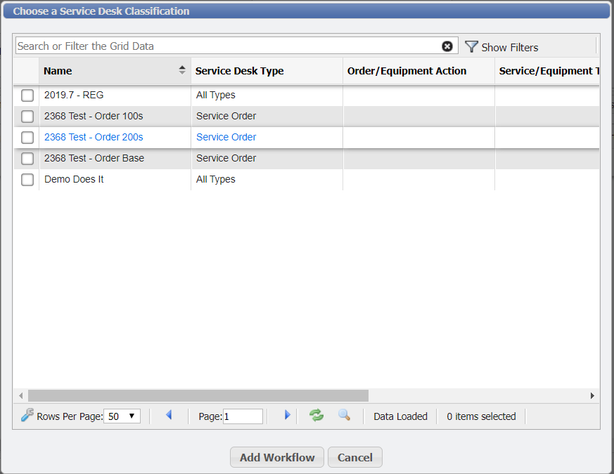 Example of the Choose a Service Desk Classification form